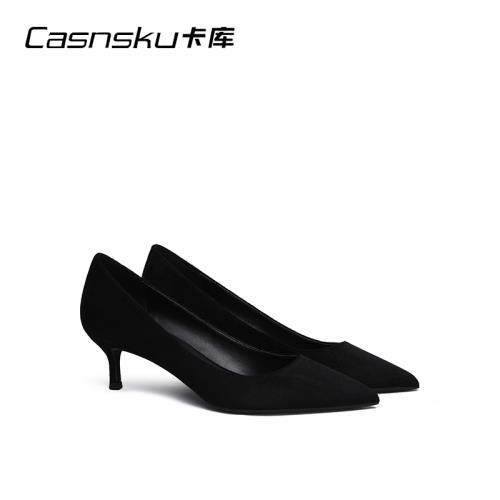 正裝單鞋女2025年新款黑色絨面高跟鞋女尖頭細跟女士低跟職業女鞋