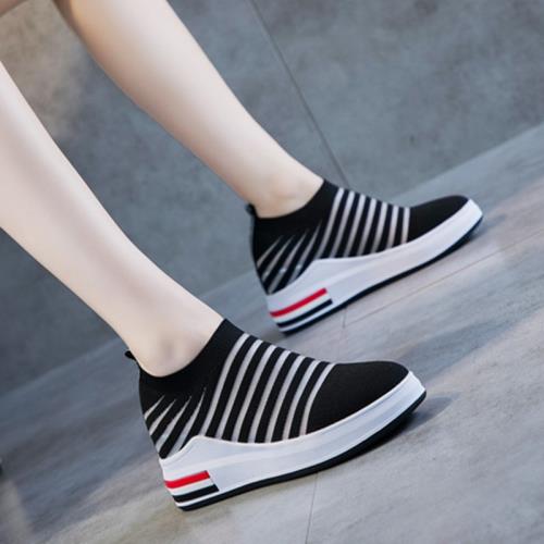 黑色網鞋女坡跟厚底內增高網面透氣一腳蹬的夏天穿的鞋子休閑鞋潮