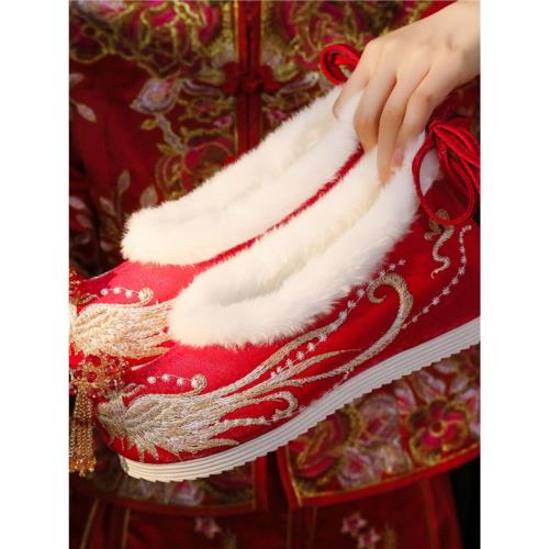 原創古風繡花鞋女加絨秀禾鞋流蘇新娘結婚鞋中式漢服古裝增高婚鞋