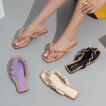 2022夏季歐美鏈條編織人字平底涼拖鞋女Sandals Women flip flops