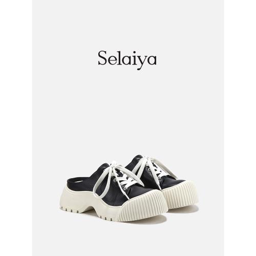 Selaiya夏新款波浪厚底半包拖鞋女一腳蹬休閑鞋無后跟大頭鞋