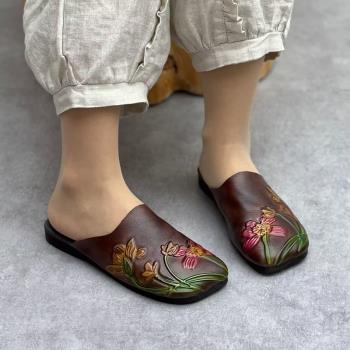 真皮春夏復古印花平底手工半拖鞋