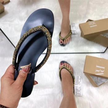 2022新款歐美夾腳拖鞋鉆石條女士涼鞋 Flat Sandals Slippers ZA