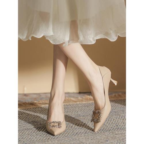 真皮高跟鞋女細跟2024新款水鉆方扣尖頭氣質名媛夏季配裙子女鞋