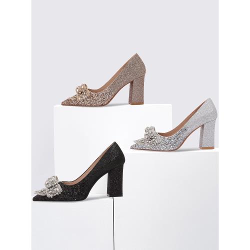 法式粗跟單鞋女伴娘鞋日常可穿銀色婚鞋金色新娘高跟鞋婚紗不累腳