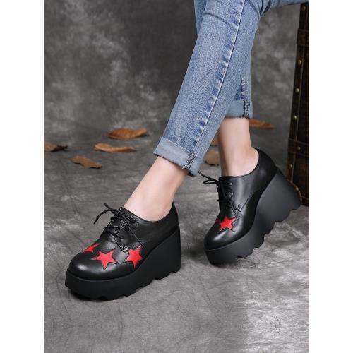 【藝利閣品牌特賣 】春季休閑真皮單鞋防水臺坡跟厚底星星款女鞋