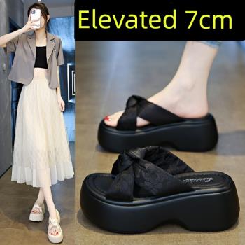 厚底增高7cm鬆糕拖鞋女2024夏季外穿小個子踩屎感小碼3334沙灘鞋