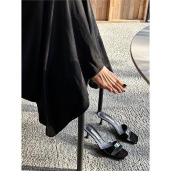 高跟鞋女2023年新款法式復古方頭細跟裸色涼鞋小眾設計感拖鞋外穿