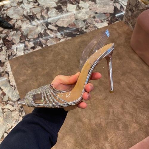 pvc透明涼鞋女2023春夏新款交叉水鉆尖頭高跟鞋銀色鑲鉆仙女婚鞋