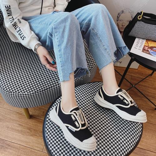 小香風2021夏季帆布鞋女新款百搭松糕厚底老爹鞋ins潮透氣板鞋女