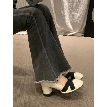 真皮款！小皮鞋女2023新款小香風交叉帶法式高跟瑪麗珍單鞋女粗跟