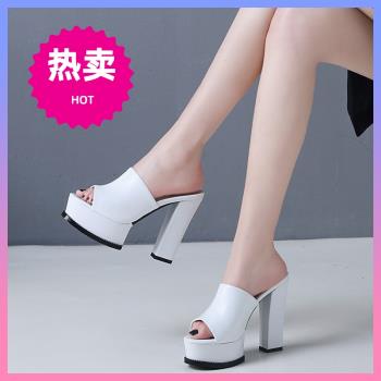 夏性感時裝真皮粗跟婚紗店涼拖鞋