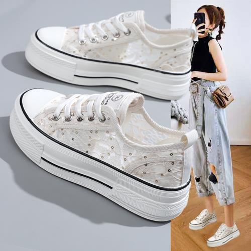 帆布鞋女2025新款夏季小白鞋透氣薄款厚底女鞋小香風蕾絲網面網鞋