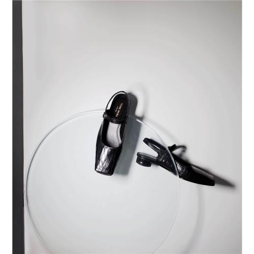 HOME WORK原創設計師時髦方頭壓紋牛皮魚嘴鏤空瑪麗珍粗跟女鞋