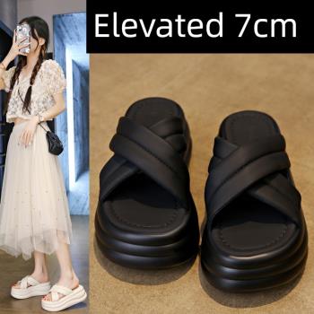 小個子輕便增高7cm厚底拖鞋女2024夏季新款小碼3334真皮沙灘鞋子