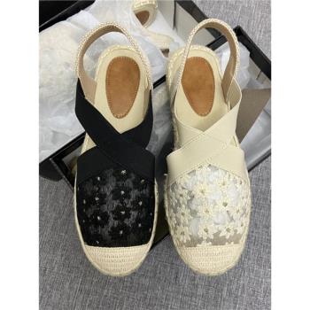 舒適好穿仙女風鏤空麻繩透氣刺繡蕾絲網紗包頭涼鞋平底夏季漁夫鞋