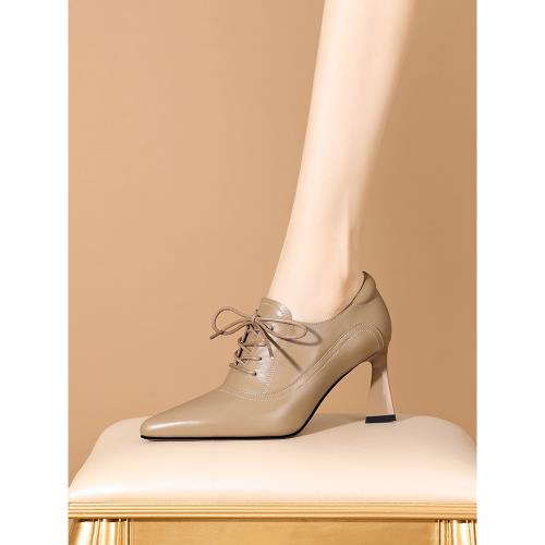 2025春季新款深口單鞋女百搭顯瘦系帶真皮女鞋氣質尖頭細跟高跟鞋