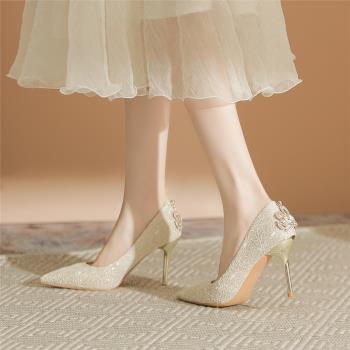 香檳色高跟鞋女細跟法式新娘婚鞋禾秀婚紗兩穿單鞋伴娘鞋小碼3334