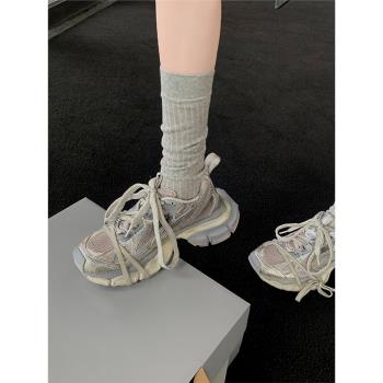 升級版~復古做舊老爹鞋女厚底松糕鞋增高真皮透氣百搭休閑運動鞋