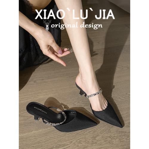 黑色高跟鞋包頭半拖鞋女夏季新款細跟性感水鉆尖頭配裙子絕美涼鞋