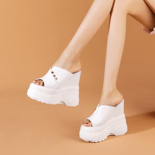 16CM超高跟坡跟女鞋夏季新款真皮外穿超厚底涼拖恨天高松糕底拖鞋