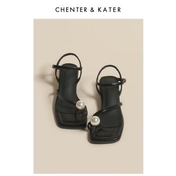 CHENTER KATER拖鞋23年夏季溫柔氣質夾趾珍珠細帶方頭粗跟涼鞋女