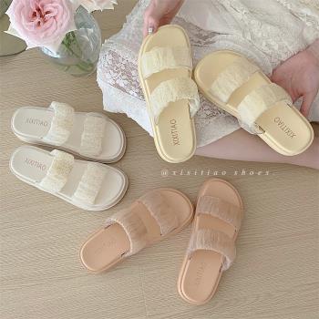 細細條 仙女風網紗拖鞋女夏外穿防滑厚底雙帶涼鞋甜美溫柔沙灘鞋