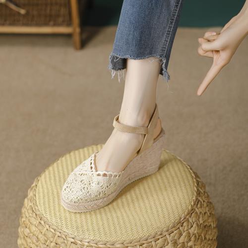 松糕厚底防水臺蕾絲透氣羅馬鞋女夏坡跟增高亞麻漁夫草編包頭涼鞋