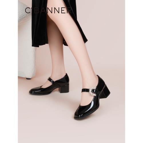 千百度女鞋春秋舒適瑪麗珍漆皮中跟單鞋舒適氣質法式晚晚鞋百搭