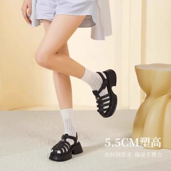 駱駝休閑粗跟真皮厚底一字帶女鞋