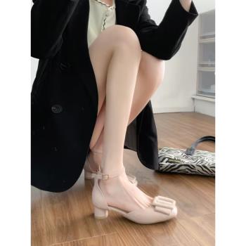 真皮版！包頭中空涼鞋女夏外穿粗跟氣質名媛仙女風涼鞋配裙子矮跟
