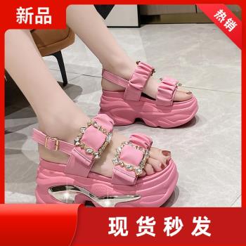 歐洲站8cm增高方扣水鉆鬆糕厚底