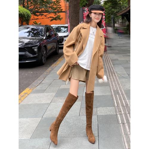 真皮靴子女2025新款冬咖色尖頭女士翻毛皮女款長筒靴女鞋過膝長靴