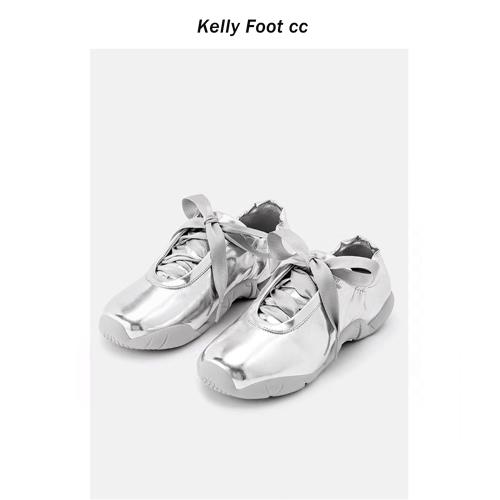 銀色芭蕾舞鞋2024新款軟底厚底阿甘德訓鞋女休閑運動瑪麗珍單鞋子