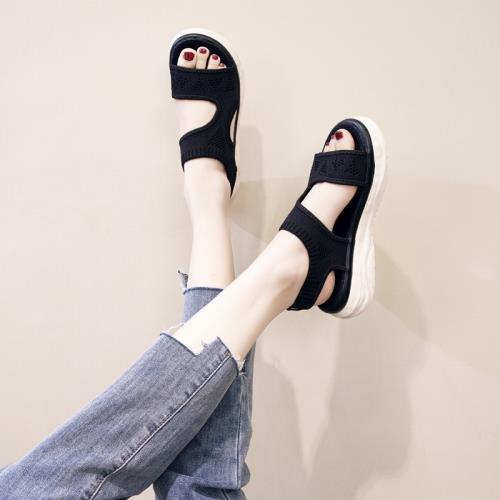 運動涼鞋女2025年新款夏季松糕厚底魚嘴鞋透氣平底時裝軟底羅馬鞋