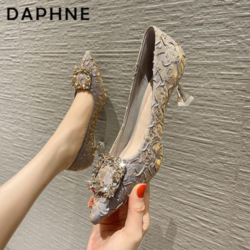 達芙妮高跟鞋女細跟2024年爆款春秋水鉆方扣氣質女士配裙尖頭單鞋