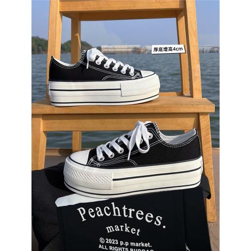 ins潮鞋經典黑色厚底增高帆布鞋女2025春季新款韓版百搭松糕板鞋