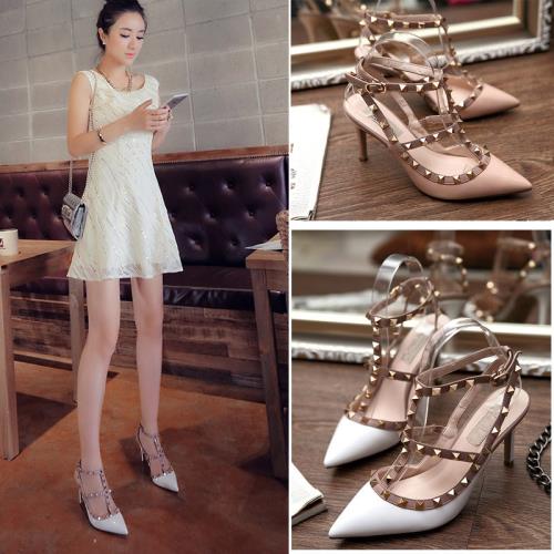 2025年新款v家兩帶鉚釘高跟鞋女細跟尖頭綁帶柳釘涼鞋女包頭百搭
