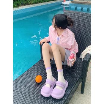網紅新款時尚百搭涼鞋女士夏季可愛花邊踩屎感厚底防滑包頭半拖鞋