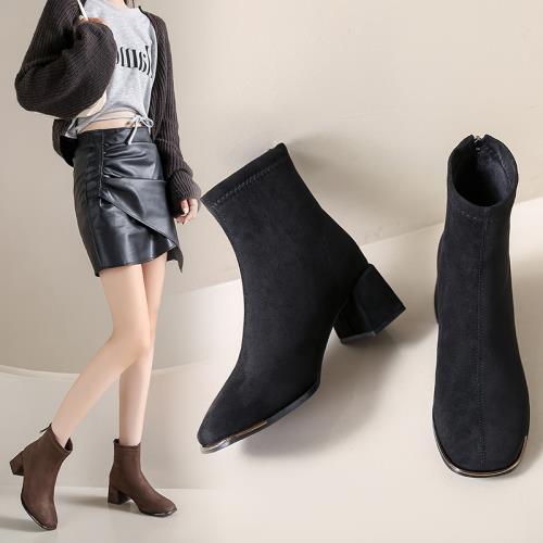 方頭瘦瘦靴女2025秋粗跟后拉鏈絨面彈力短靴網紅復古襪靴加絨裸靴