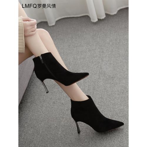 「斷碼清倉」秋季新款尖頭短靴女細跟高跟百搭絨面馬丁靴踝靴女靴