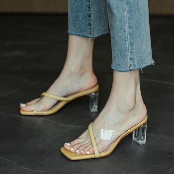 手工真皮~大長腿~仙女風透明涼鞋女夏粗跟水晶網紅高跟涼拖鞋外穿