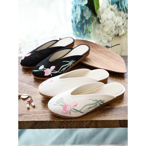 民族風女單鞋布鞋百搭尖頭布拖鞋老北京繡花鞋亞麻綢緞包頭半涼拖