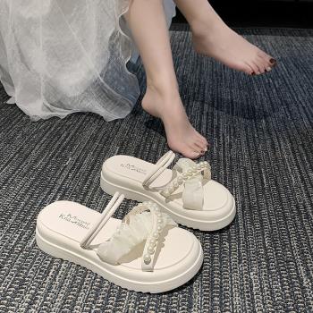 珍珠網紗拖鞋女夏天外穿2023新款時尚厚底坡跟仙女港風涼拖ins潮