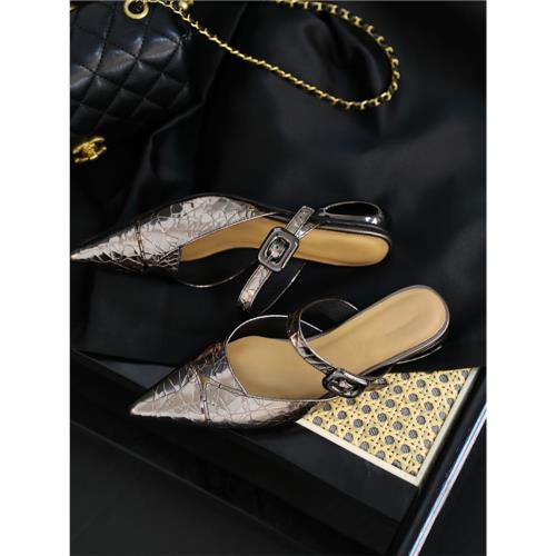 羊皮版~氣質尖頭穆勒鞋法式銀色小香風涼鞋百搭一字扣低平跟女鞋