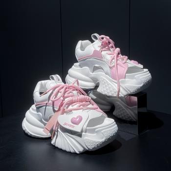 2025夏季新款真皮愛心涼鞋女厚底拼色松糕鞋顯瘦增高老爹鞋羅馬鞋