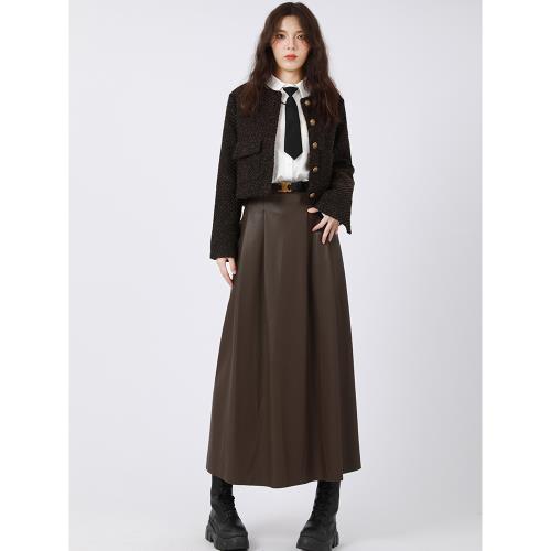 咖色高腰皮裙百褶半身裙女秋冬設計感顯瘦大擺裙中長款傘裙A字裙