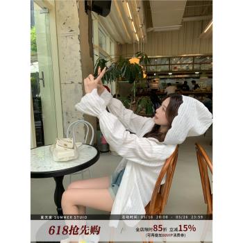 休閑寬松連帽條紋輕薄長袖防曬衣