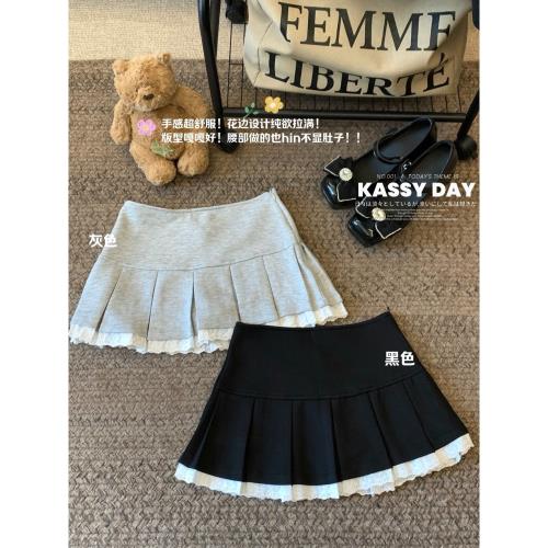 設計感蕾絲花邊拼接半身裙女春季灰色百褶裙小個子防走光黑色短裙