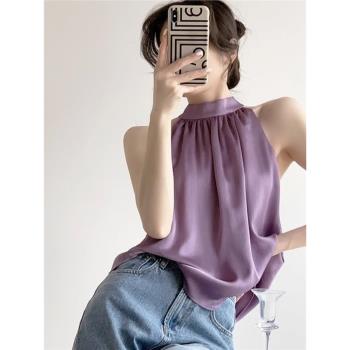 吊帶背心女外穿夏季設計感小眾高階感內搭無袖削肩掛脖式雪紡上衣